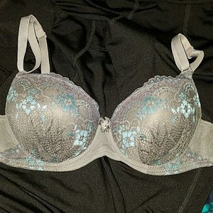 Grey blue floral lace push up bra